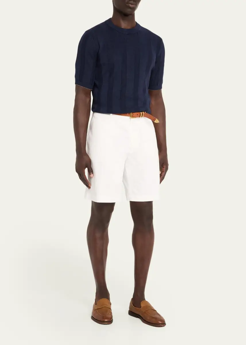 Brunello Cucinelli Men's Linen and Cotton Ribbed Short-Sleeve Sweater | Thumbnail 2