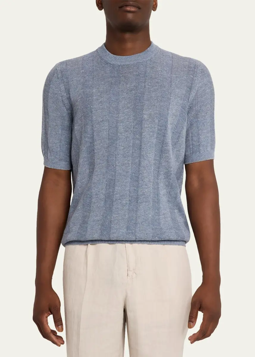 Brunello Cucinelli Men's Linen and Cotton Ribbed Short-Sleeve Sweater | Thumbnail 12