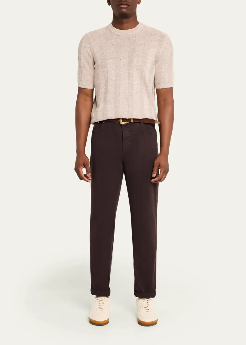 Brunello Cucinelli Men's Linen and Cotton Ribbed Short-Sleeve Sweater | Thumbnail 14
