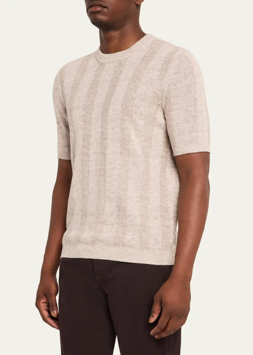 Brunello Cucinelli Men's Linen and Cotton Ribbed Short-Sleeve Sweater | Thumbnail 16