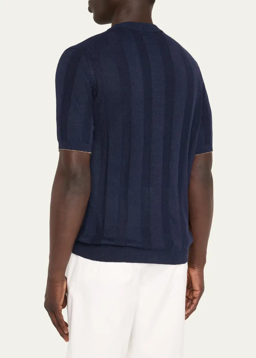 Brunello Cucinelli Men's Linen and Cotton Ribbed Short-Sleeve Sweater | Thumbnail 3