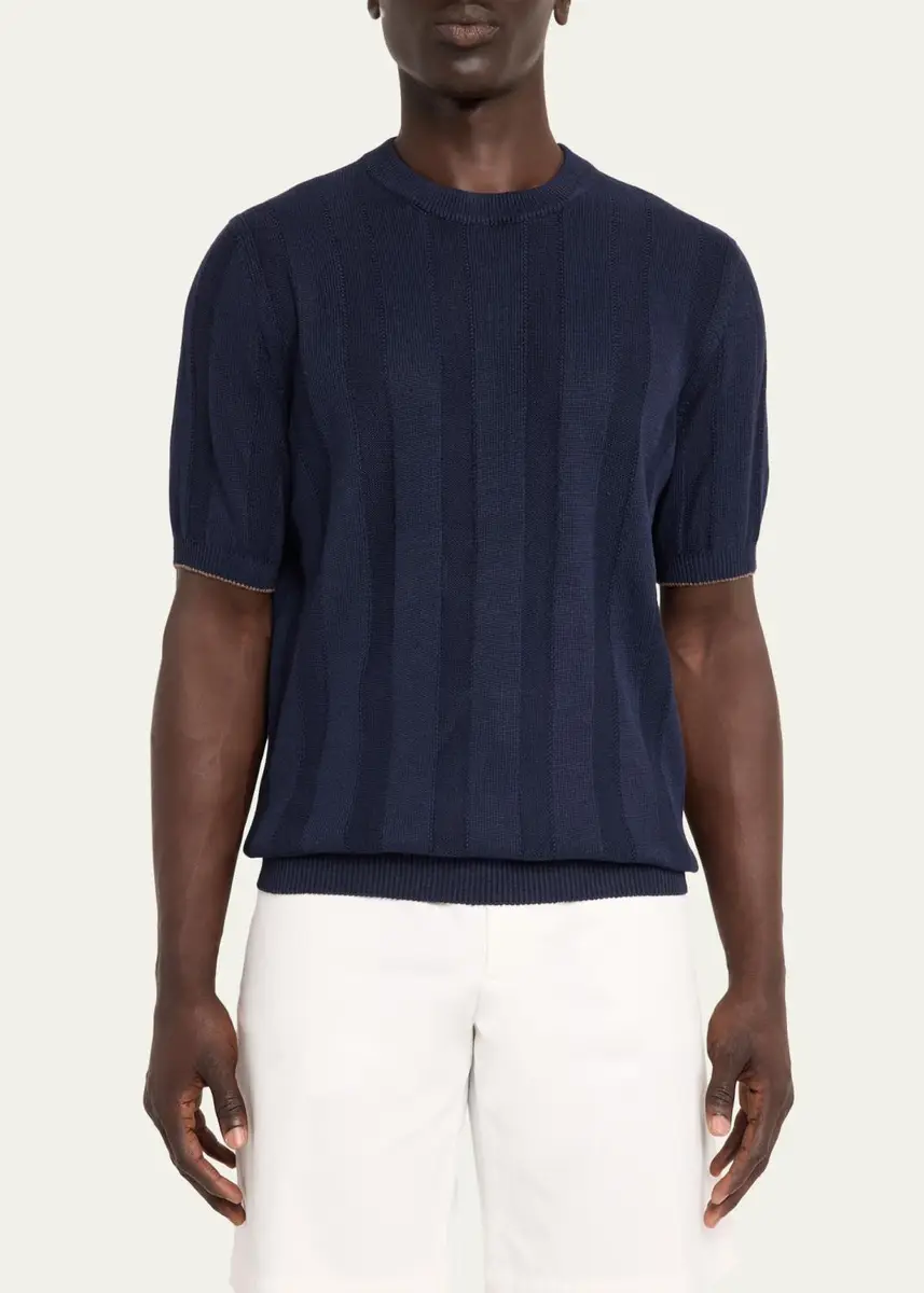 Brunello Cucinelli Men's Linen and Cotton Ribbed Short-Sleeve Sweater | Thumbnail 4