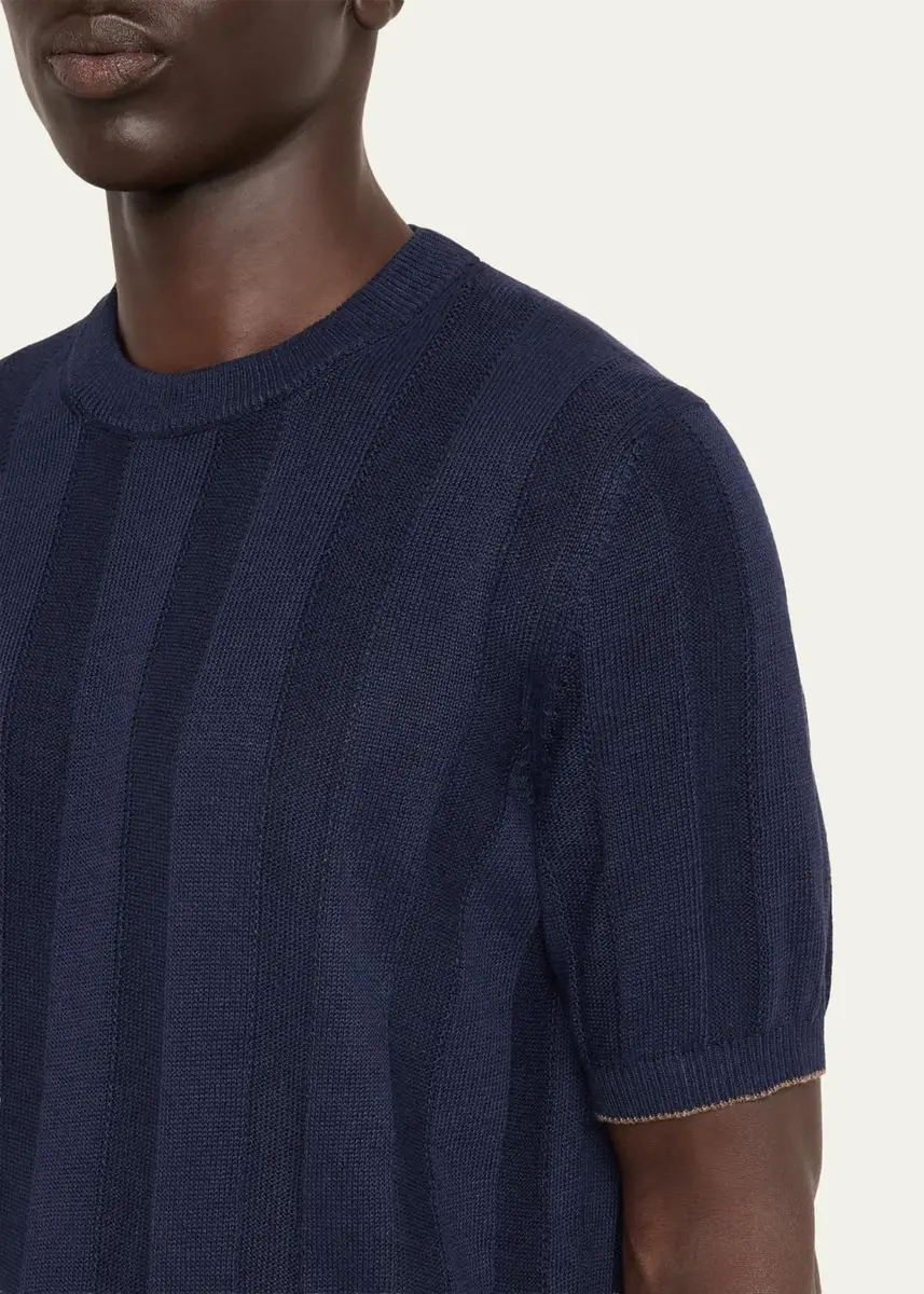 Brunello Cucinelli Men's Linen and Cotton Ribbed Short-Sleeve Sweater | Thumbnail 5