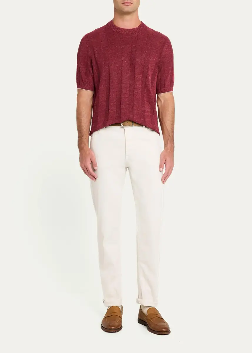 Brunello Cucinelli Men's Linen and Cotton Ribbed Short-Sleeve Sweater | Thumbnail 6