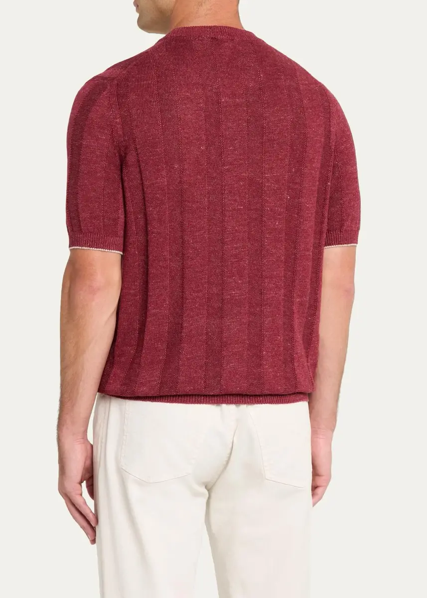 Brunello Cucinelli Men's Linen and Cotton Ribbed Short-Sleeve Sweater | Thumbnail 7