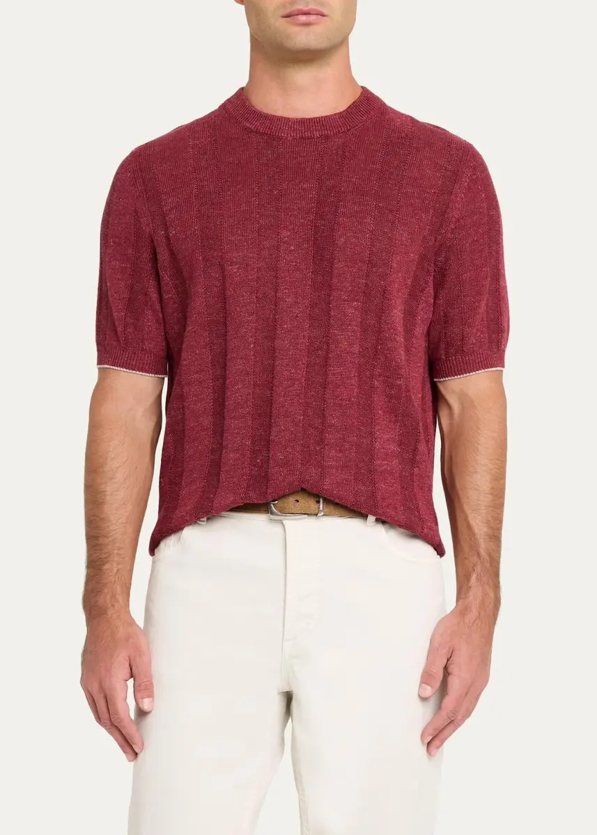 Brunello Cucinelli Men's Linen and Cotton Ribbed Short-Sleeve Sweater | Thumbnail 8