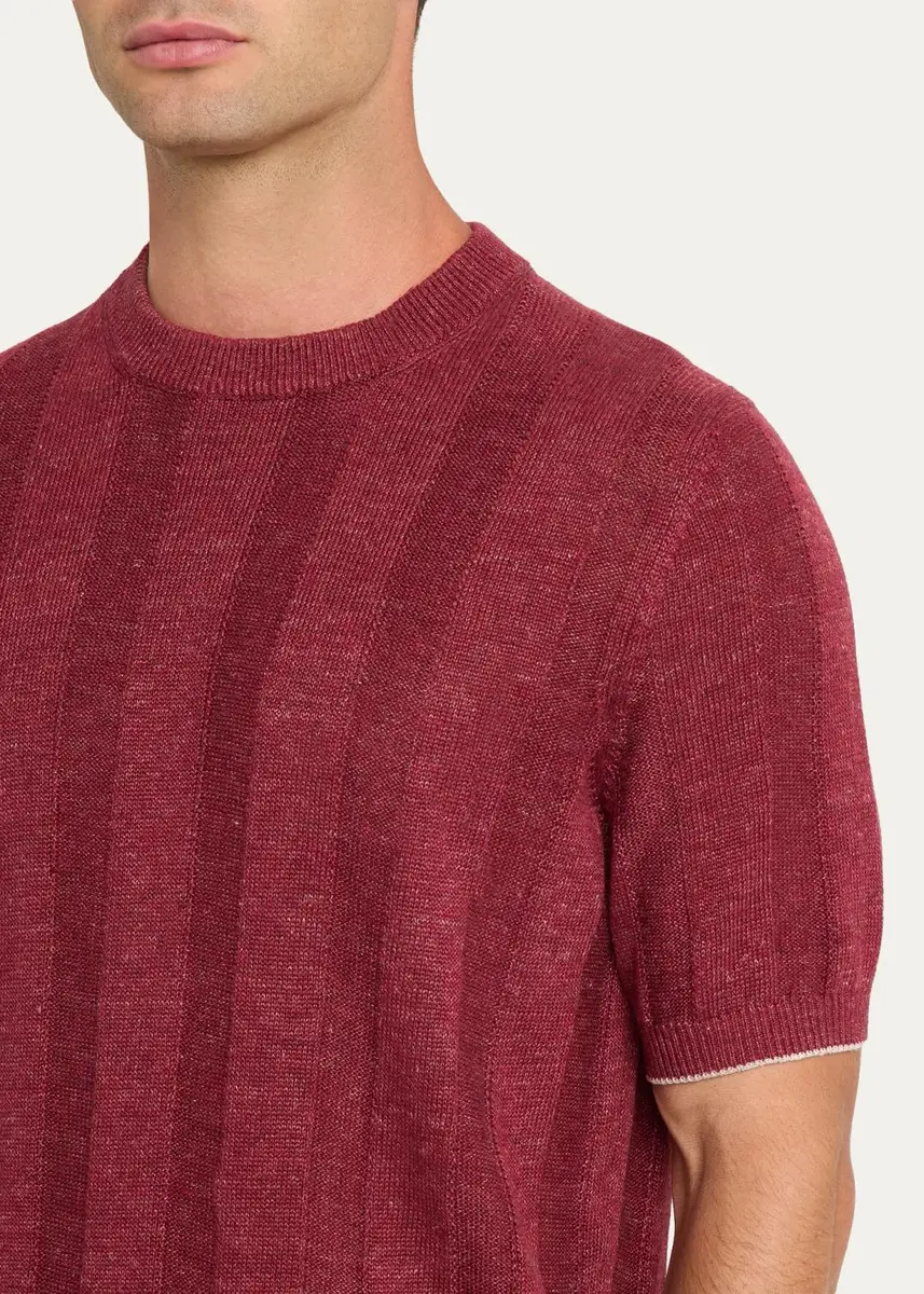 Brunello Cucinelli Men's Linen and Cotton Ribbed Short-Sleeve Sweater | Thumbnail 9
