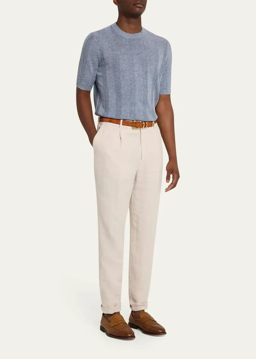 Brunello Cucinelli Men's Linen and Cotton Ribbed Short-Sleeve Sweater | Thumbnail 10