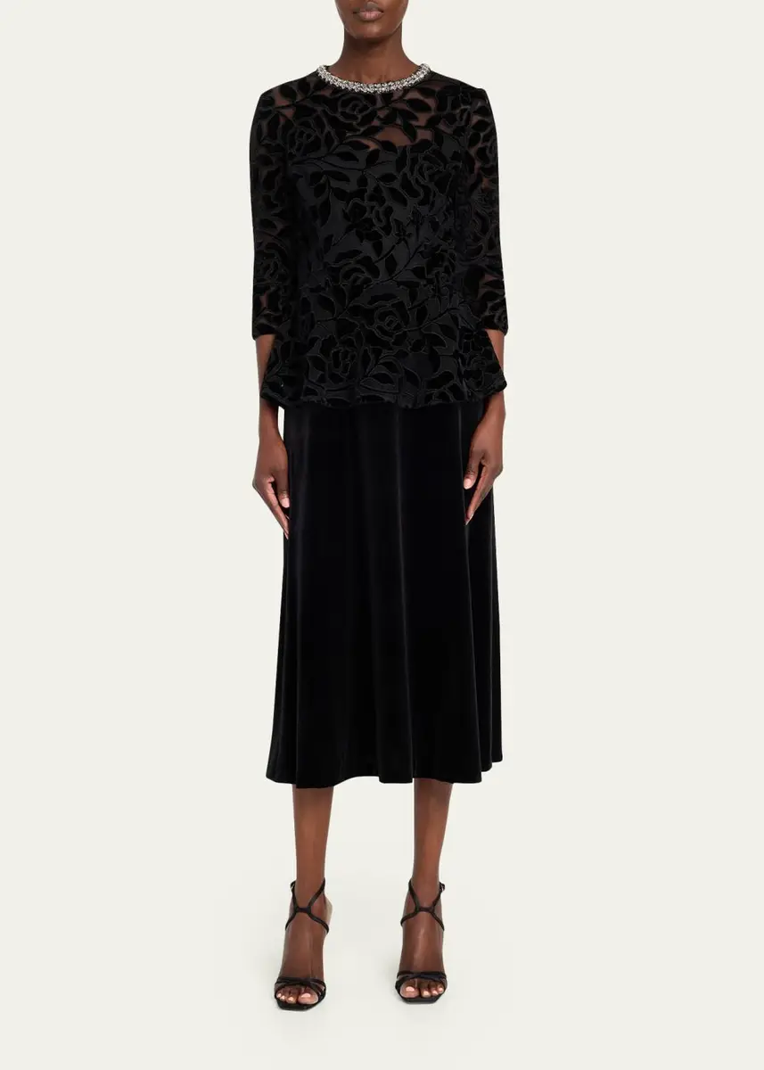 Rickie Freeman for Teri Jon Rhinestone-Trim Floral Velvet Crepe Midi Dress | Thumbnail 2