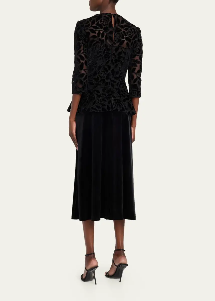 Rickie Freeman for Teri Jon Rhinestone-Trim Floral Velvet Crepe Midi Dress | Thumbnail 3