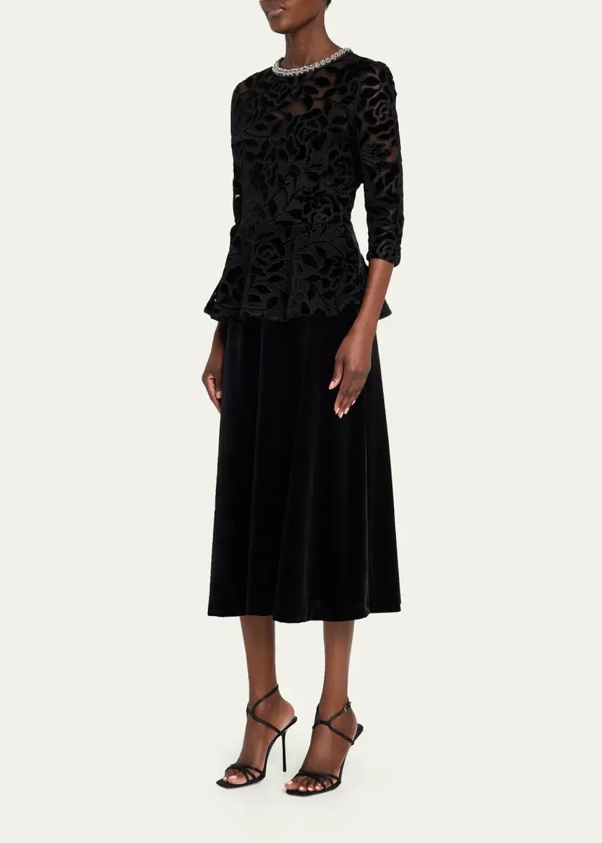 Rickie Freeman for Teri Jon Rhinestone-Trim Floral Velvet Crepe Midi Dress | Thumbnail 4