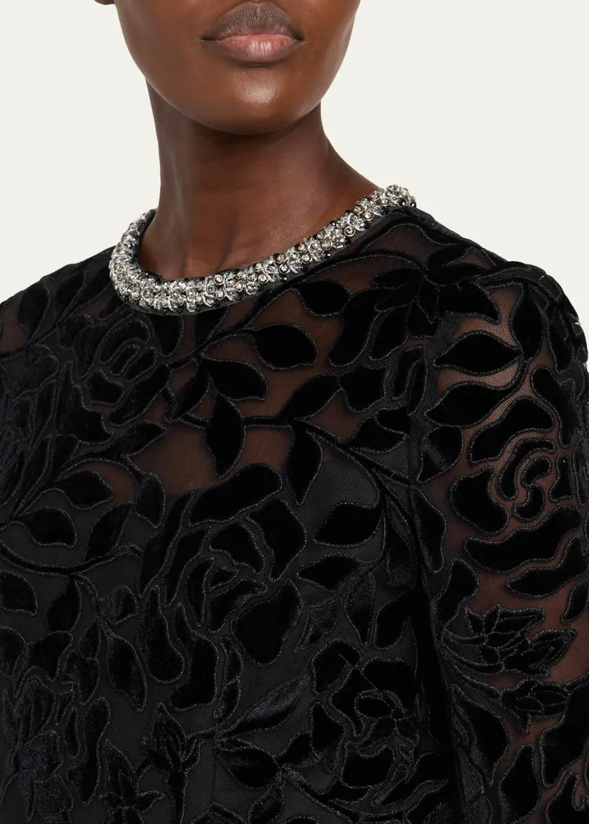 Rickie Freeman for Teri Jon Rhinestone-Trim Floral Velvet Crepe Midi Dress | Thumbnail 5