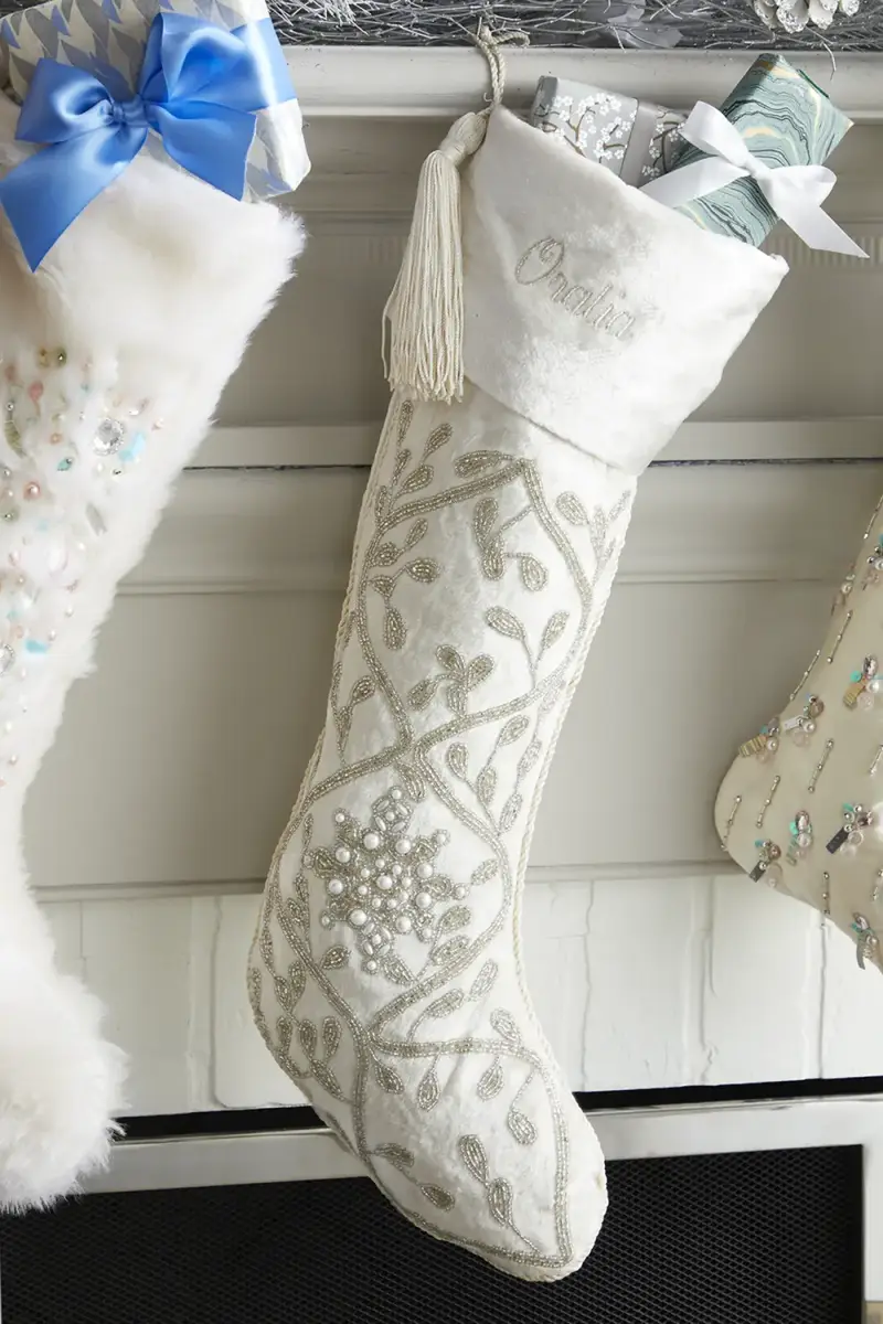 Sudha Pennathur White Velvet Stocking with Silver Beading | Thumbnail 2