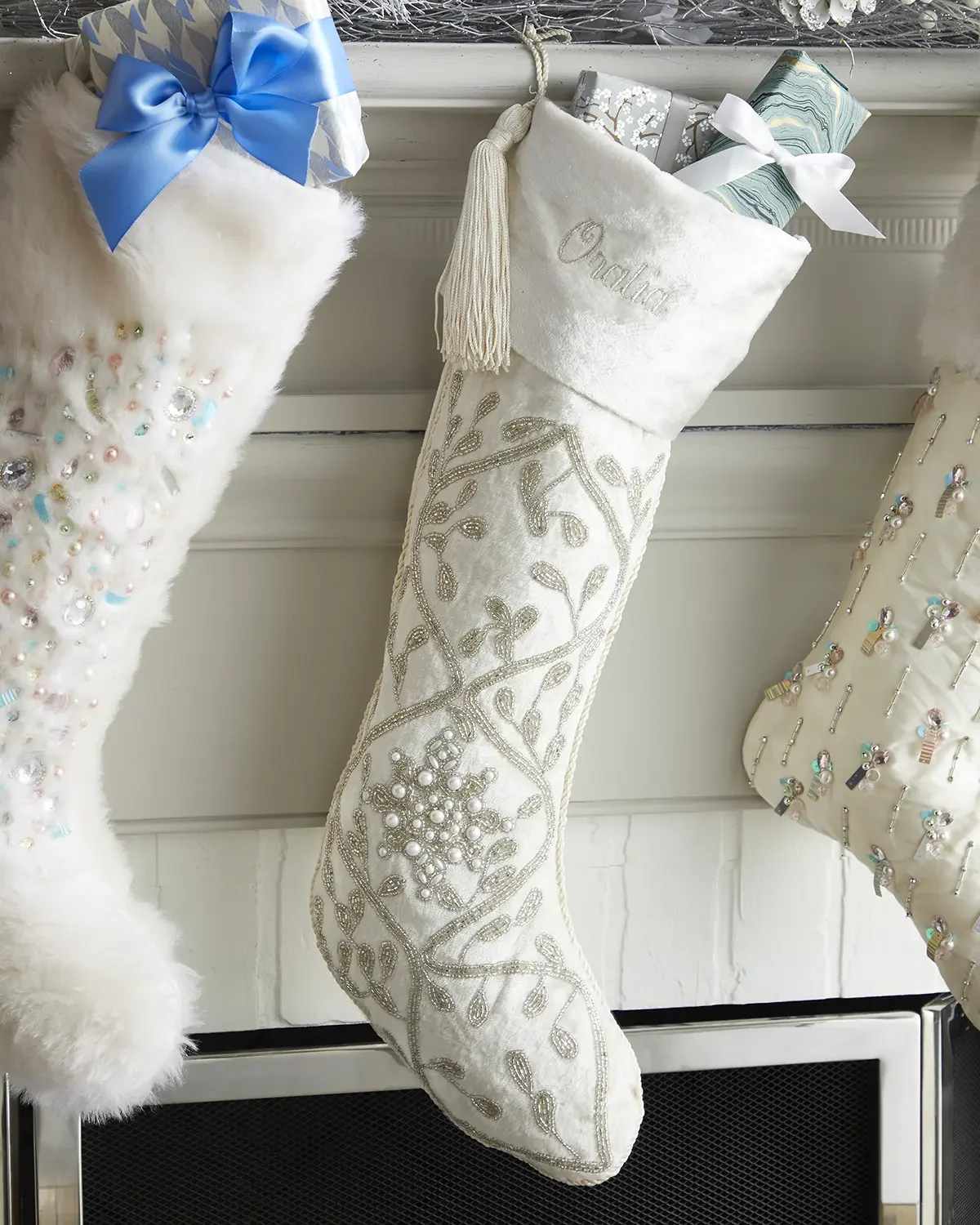 Sudha Pennathur White Velvet Stocking with Silver Beading