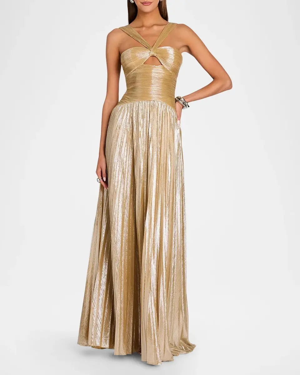 Retrofête Solace Metallic Pleated Halter Maxi Dress | Thumbnail 2