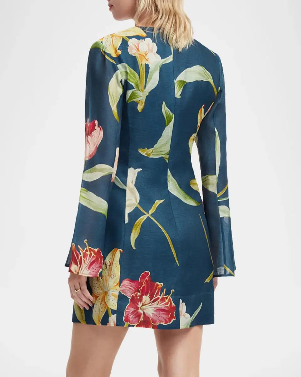 LEO LIN Suzanne Flare-Sleeve Floral Linen Mini Dress | Thumbnail 3 LEO LIN Suzanne Flare-Sleeve Floral Linen Mini Dress | Thumbnail 3