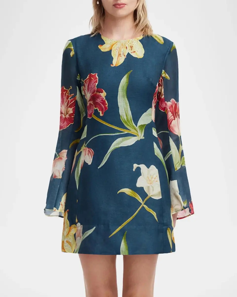 LEO LIN Suzanne Flare-Sleeve Floral Linen Mini Dress | Thumbnail 4 LEO LIN Suzanne Flare-Sleeve Floral Linen Mini Dress | Thumbnail 4