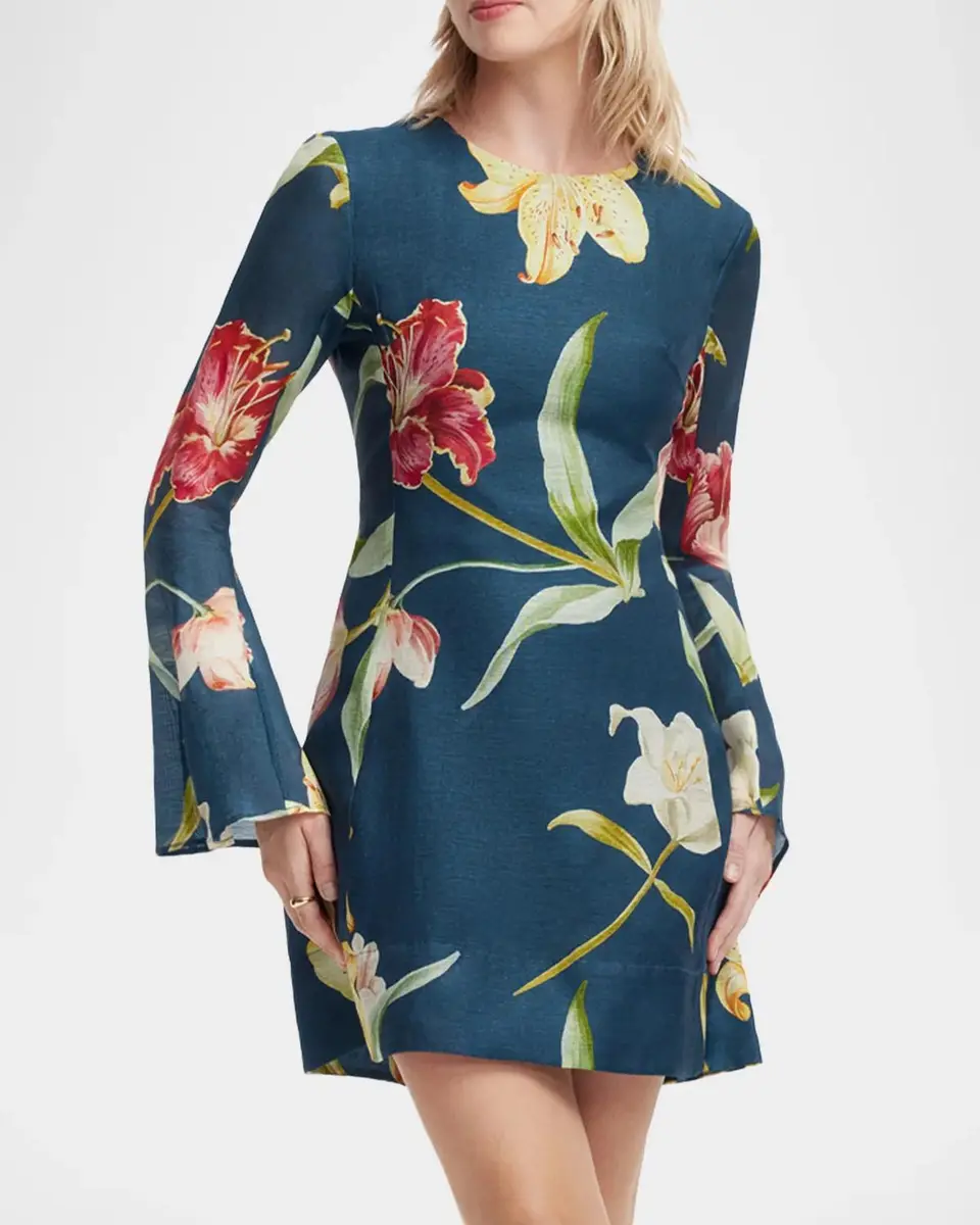LEO LIN Suzanne Flare-Sleeve Floral Linen Mini Dress | Thumbnail 6 LEO LIN Suzanne Flare-Sleeve Floral Linen Mini Dress | Thumbnail 6