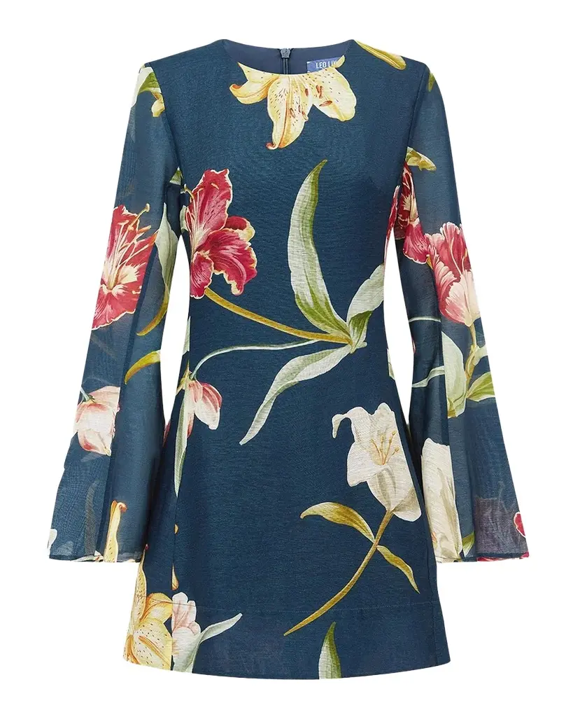 LEO LIN Suzanne Flare-Sleeve Floral Linen Mini Dress