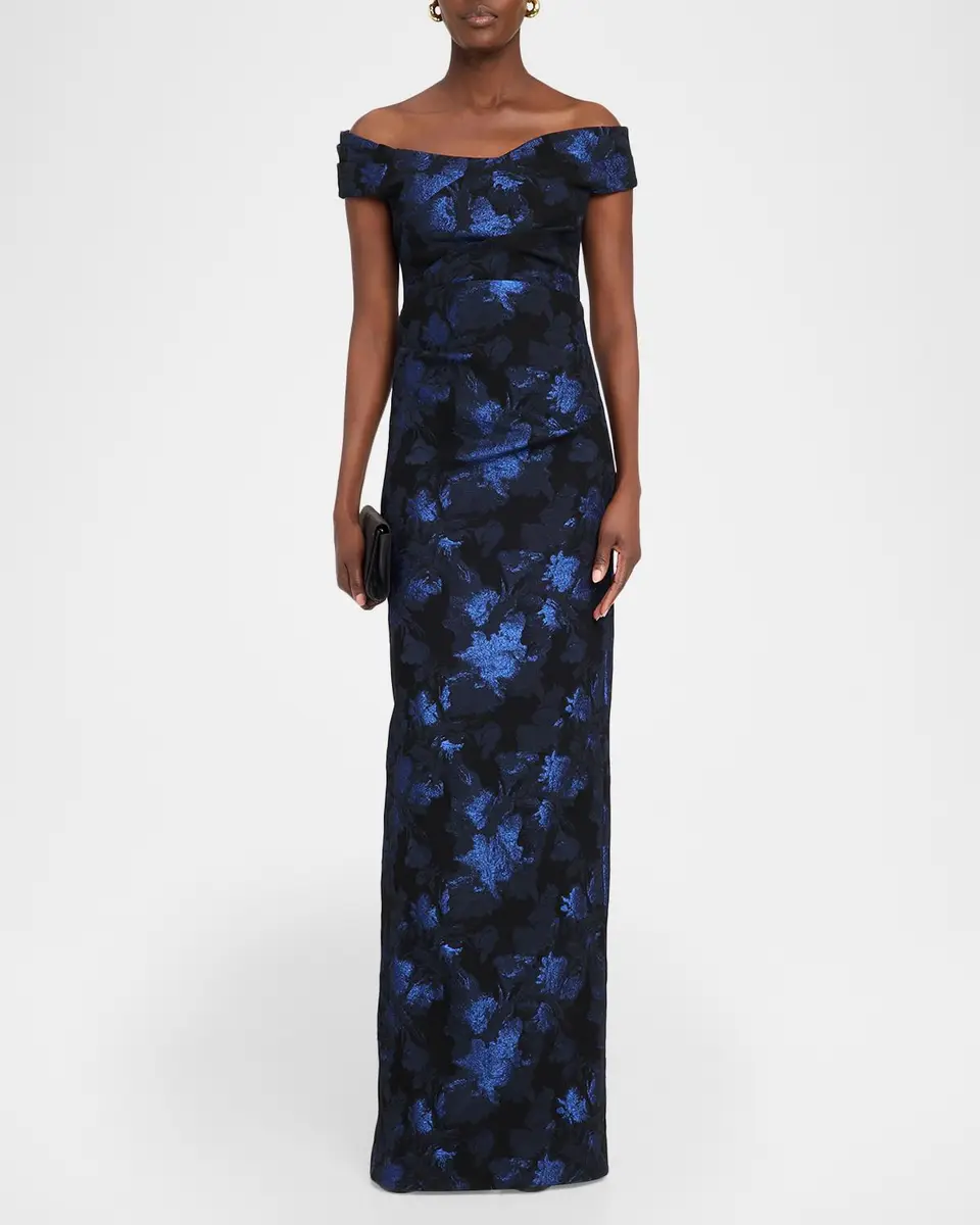 Rickie Freeman for Teri Jon Off-Shoulder Metallic Jacquard Column Gown | Thumbnail 2