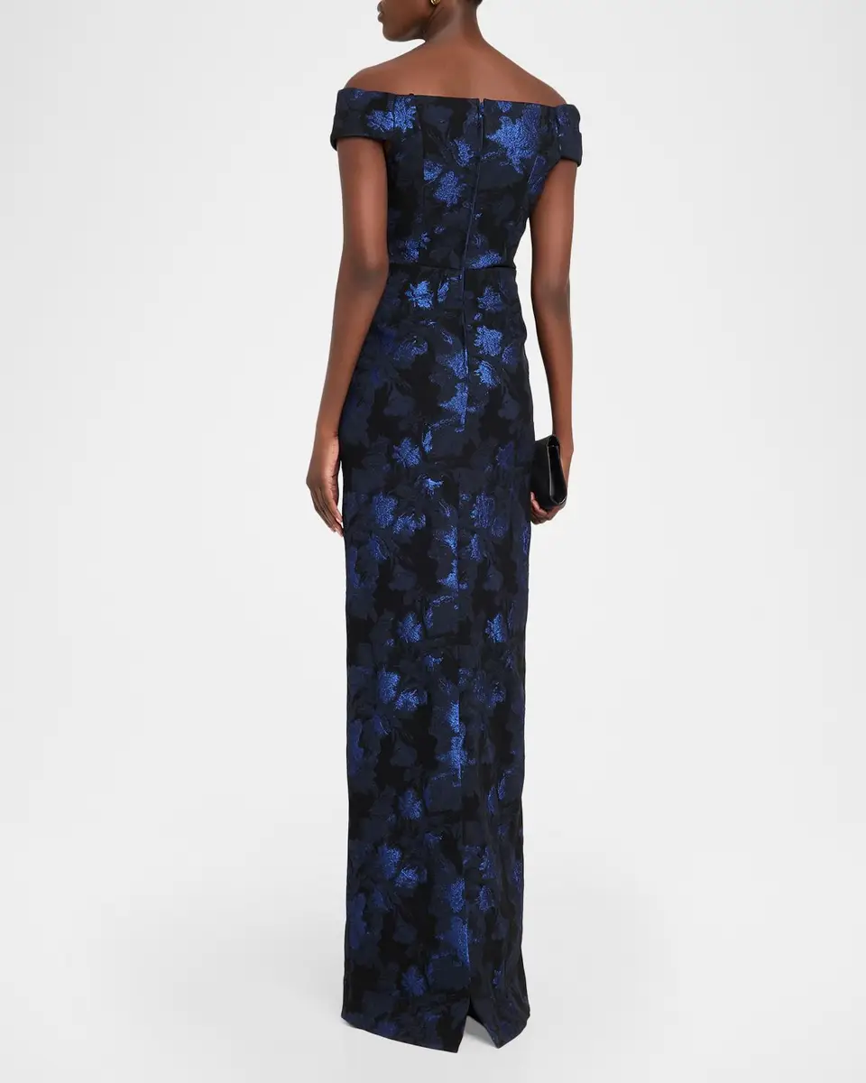 Rickie Freeman for Teri Jon Off-Shoulder Metallic Jacquard Column Gown | Thumbnail 3