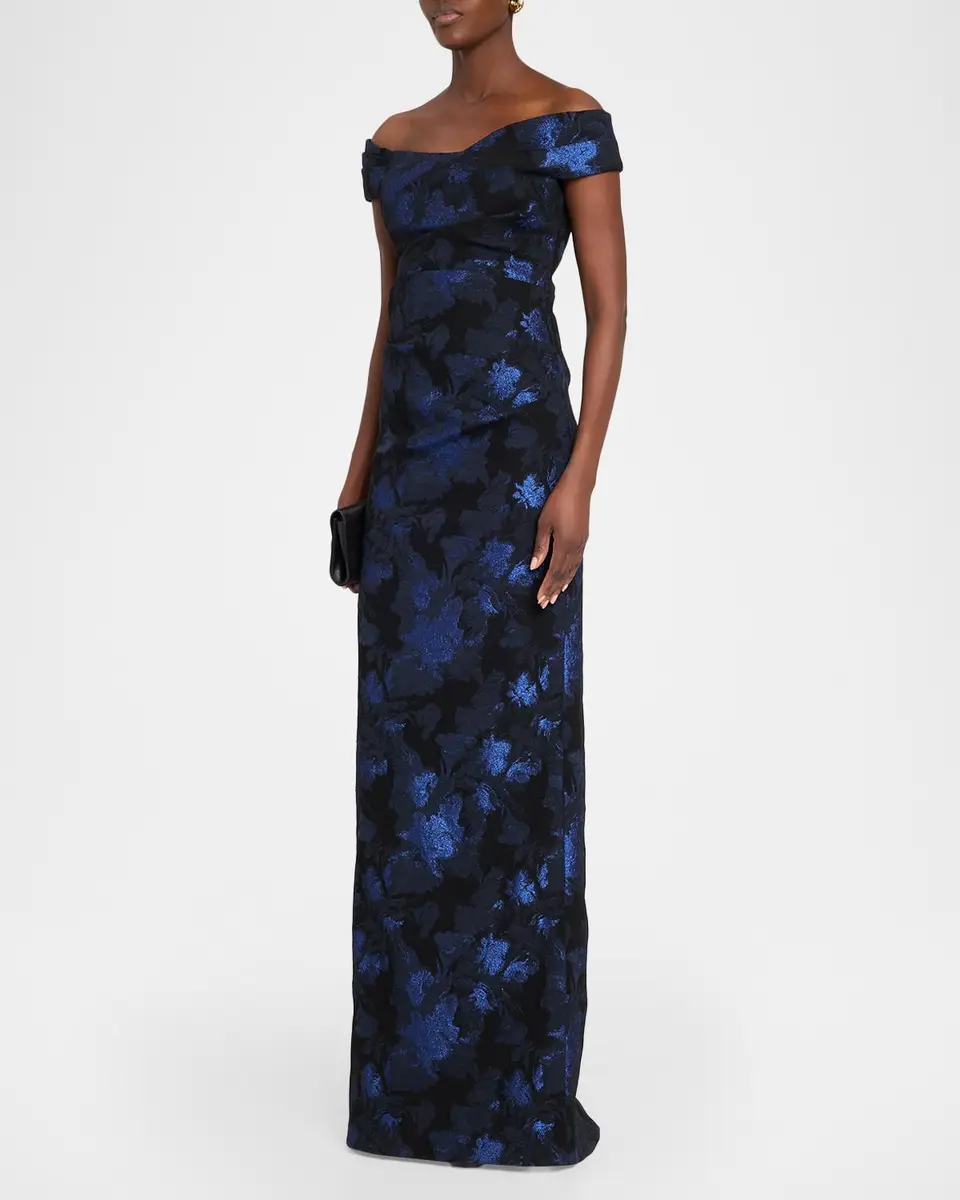 Rickie Freeman for Teri Jon Off-Shoulder Metallic Jacquard Column Gown | Thumbnail 4