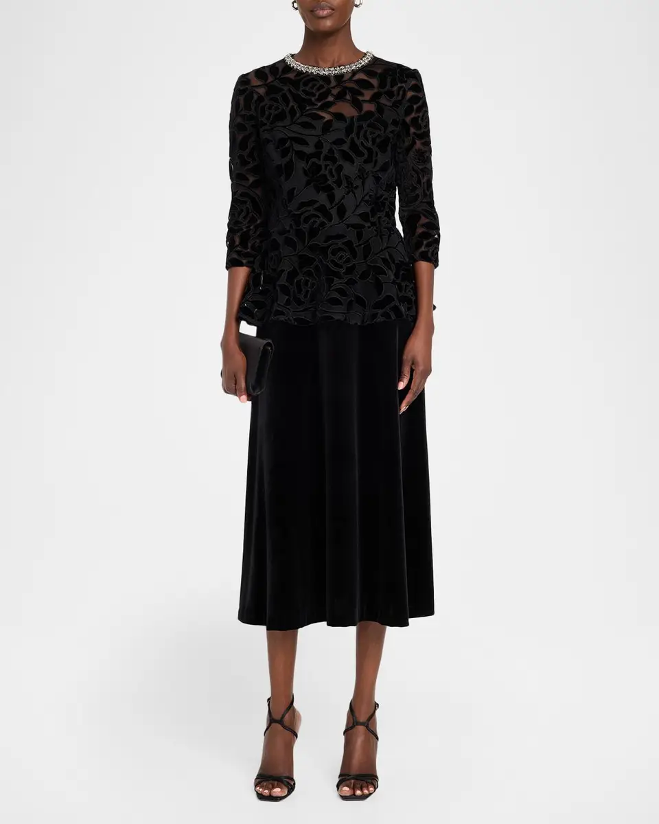 Rickie Freeman for Teri Jon Rhinestone-Trim Floral Velvet Crepe Midi Dress | Thumbnail 2 Rickie Freeman for Teri Jon Rhinestone-Trim Floral Velvet Crepe Midi Dress | Thumbnail 2