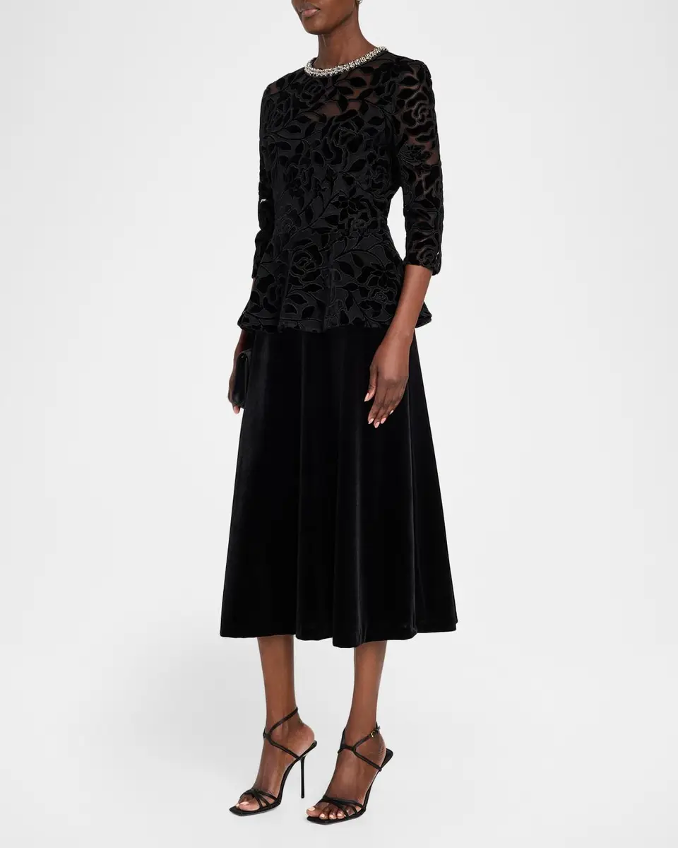 Rickie Freeman for Teri Jon Rhinestone-Trim Floral Velvet Crepe Midi Dress | Thumbnail 4 Rickie Freeman for Teri Jon Rhinestone-Trim Floral Velvet Crepe Midi Dress | Thumbnail 4