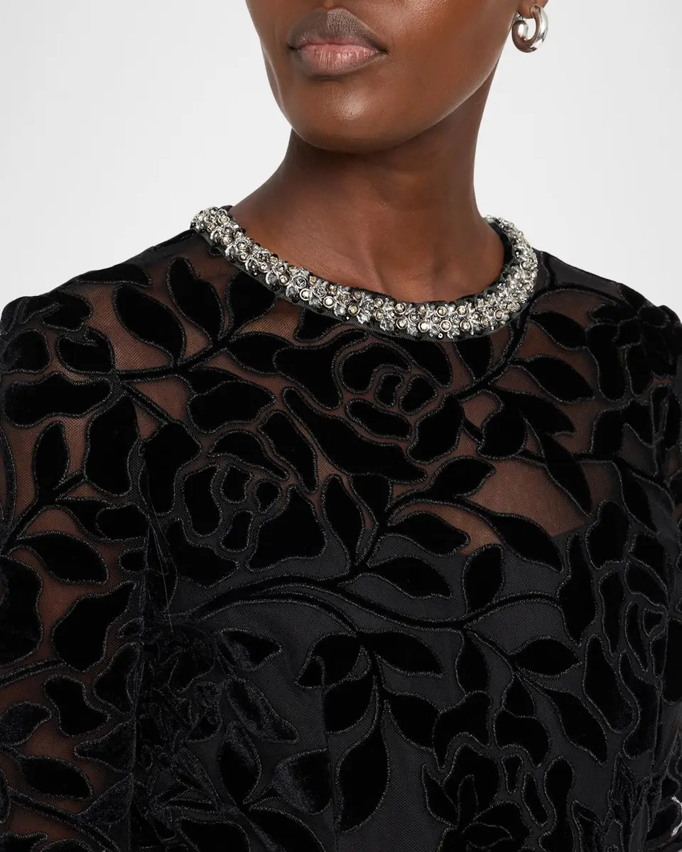 Rickie Freeman for Teri Jon Rhinestone-Trim Floral Velvet Crepe Midi Dress | Thumbnail 5 Rickie Freeman for Teri Jon Rhinestone-Trim Floral Velvet Crepe Midi Dress | Thumbnail 5