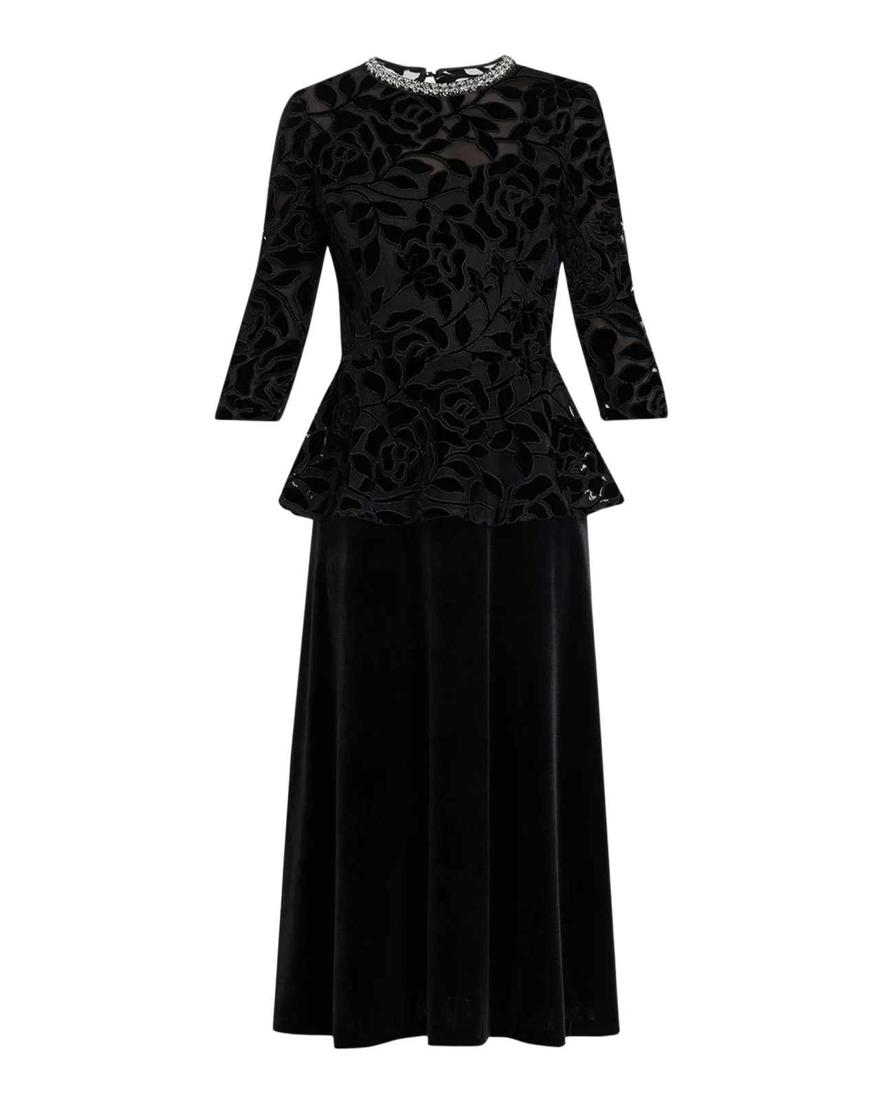 Rhinestone-Trim Floral Velvet Crepe Midi Dress