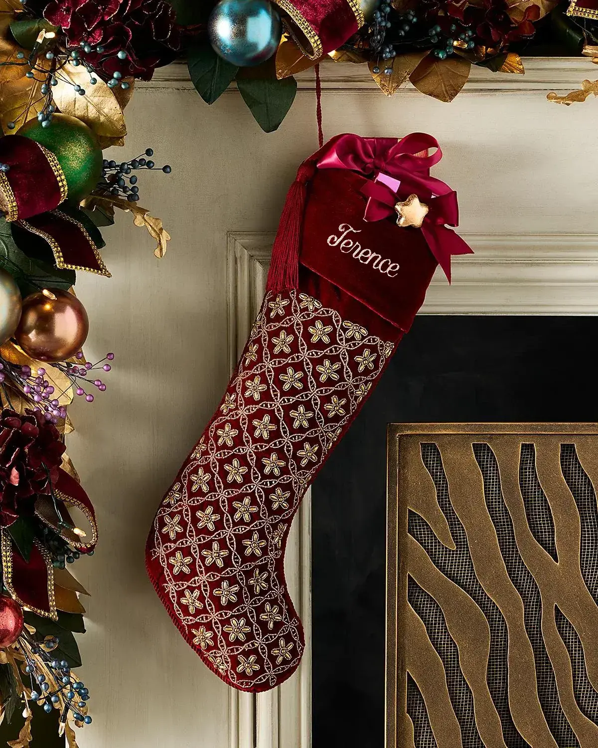 Sudha Pennathur Personalized Golden Flower Embellished Stocking