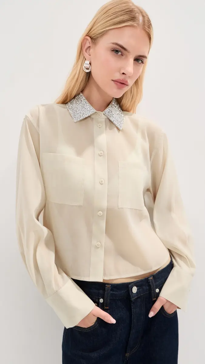 LE BOP Organza Cropped Buttondown with Embellished Collar | Thumbnail 2