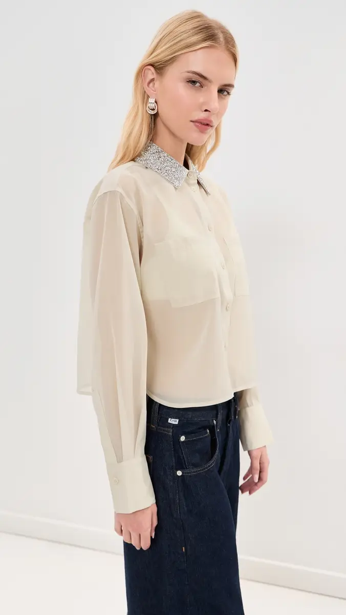 LE BOP Organza Cropped Buttondown with Embellished Collar | Thumbnail 4