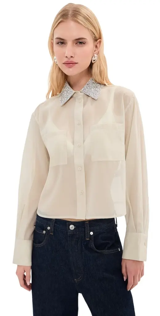LE BOP Organza Cropped Buttondown with Embellished Collar