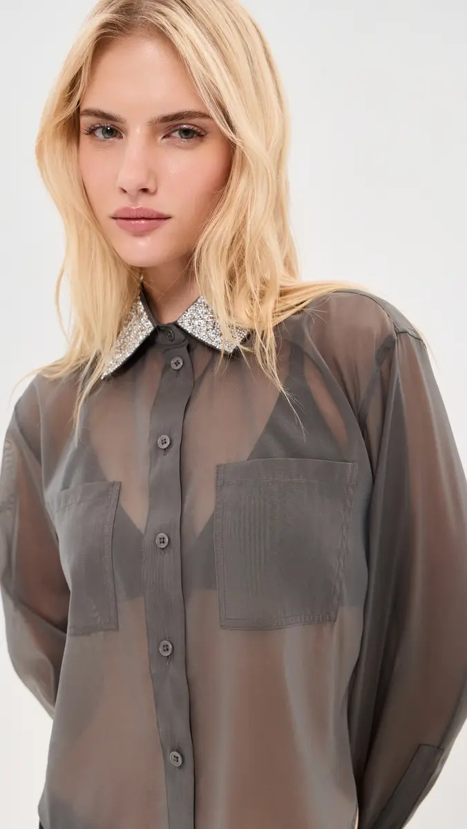 LE BOP Organza Cropped Buttondown with Embellished Collar | Thumbnail 2