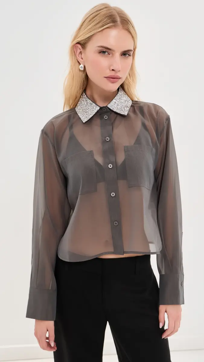 LE BOP Organza Cropped Buttondown with Embellished Collar | Thumbnail 3
