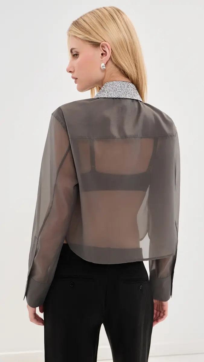 LE BOP Organza Cropped Buttondown with Embellished Collar | Thumbnail 4