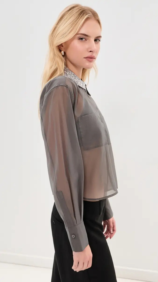 LE BOP Organza Cropped Buttondown with Embellished Collar | Thumbnail 5