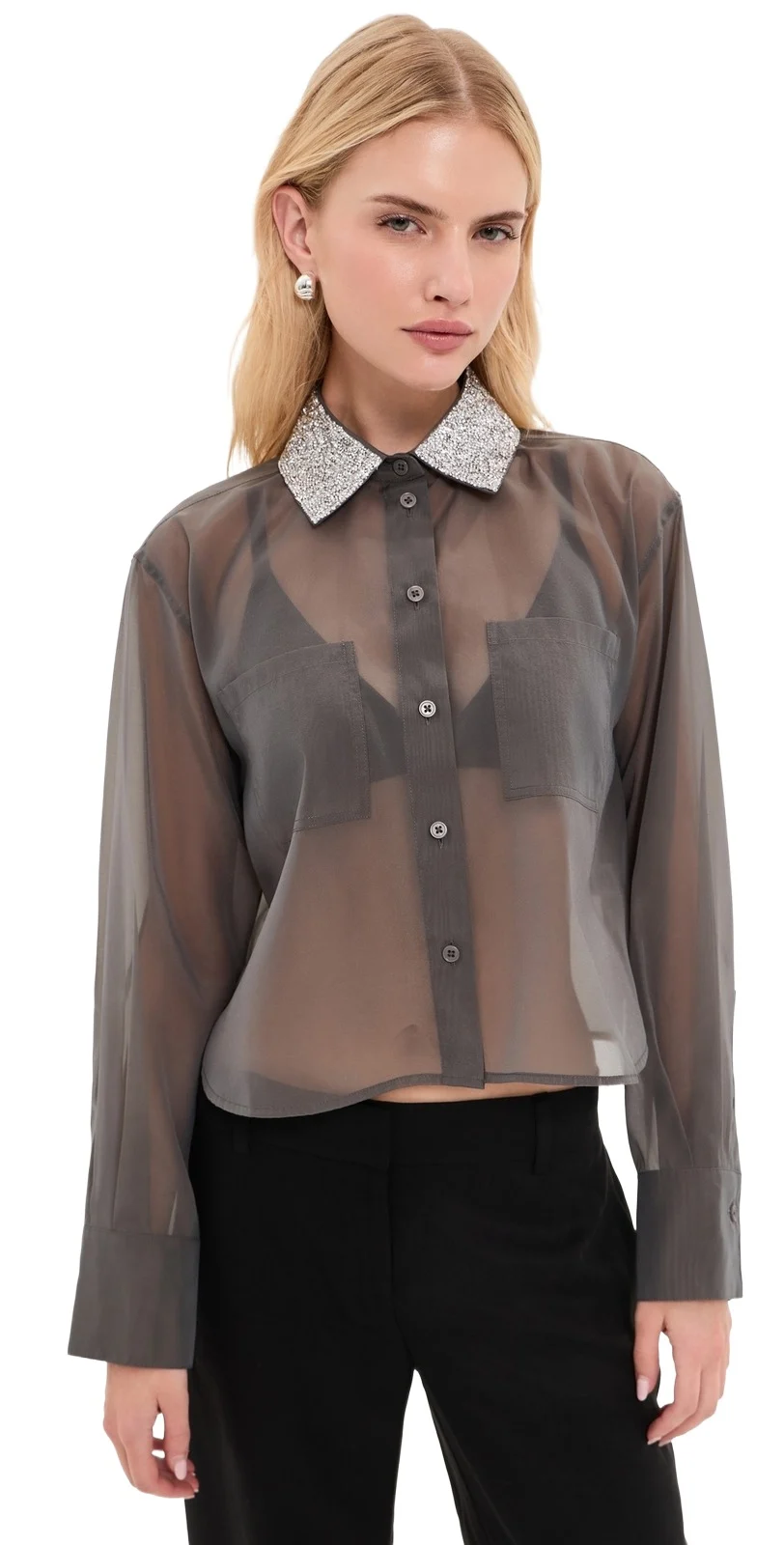 Organza Cropped Buttondown with Embellished Collar