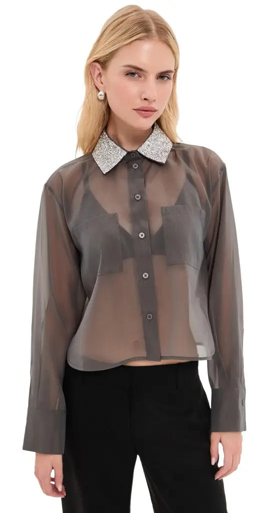 LE BOP Organza Cropped Buttondown with Embellished Collar