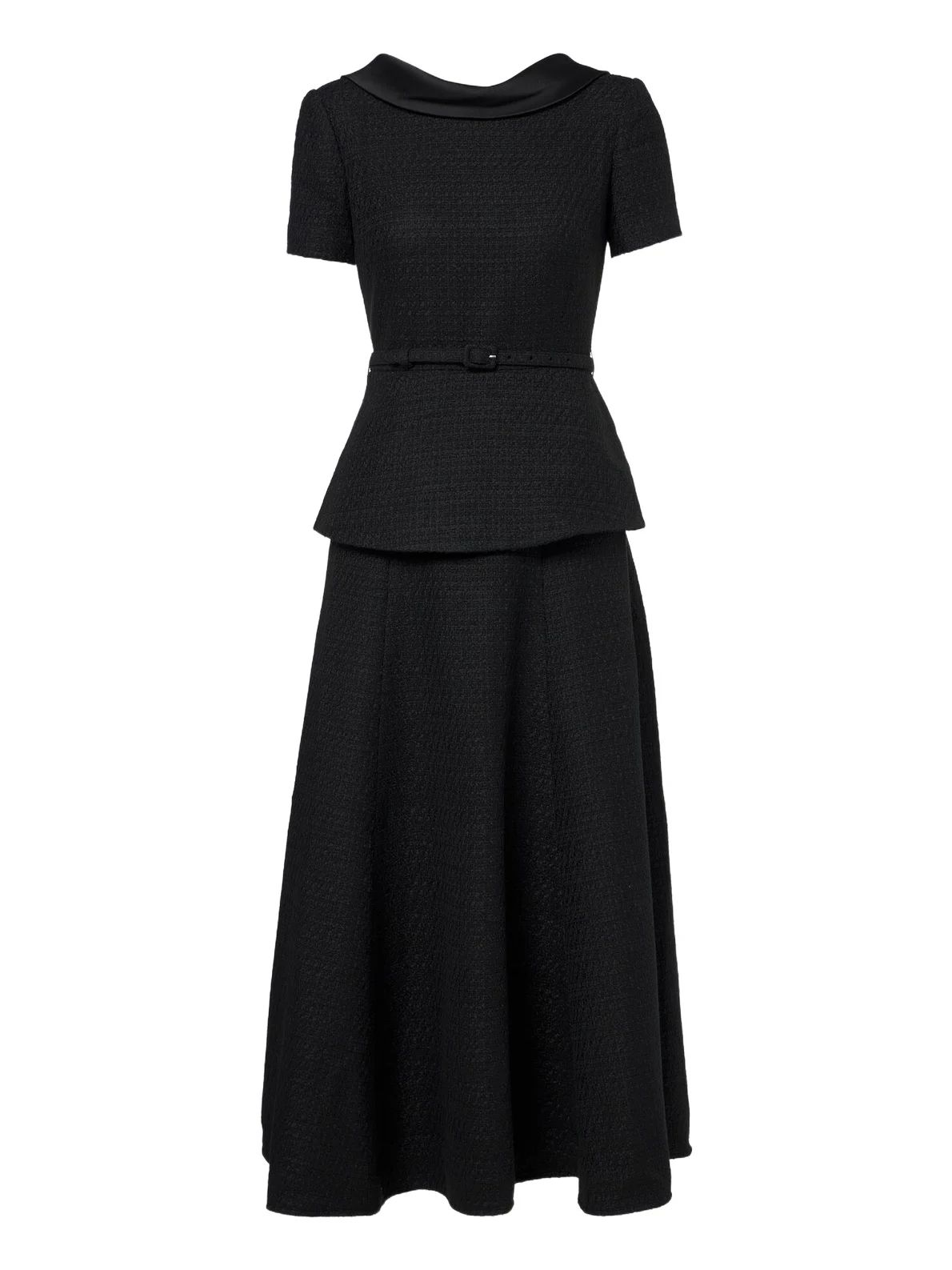 Belted peplum bouclé cocktail dress