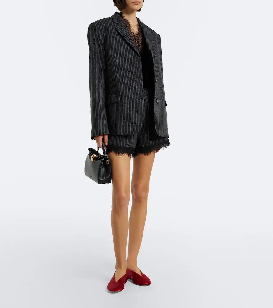 Ganni Lace-trimmed pinstripe flannel shorts | Thumbnail 2
