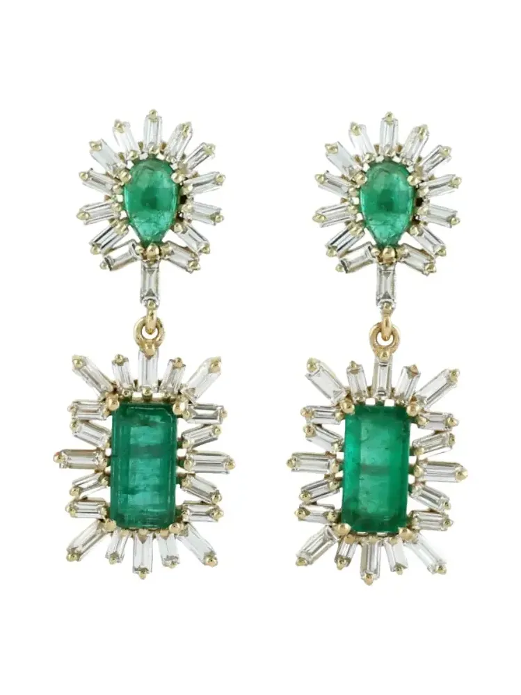2.67ct Diamonds Emerald 18K Gold Drop Earrings