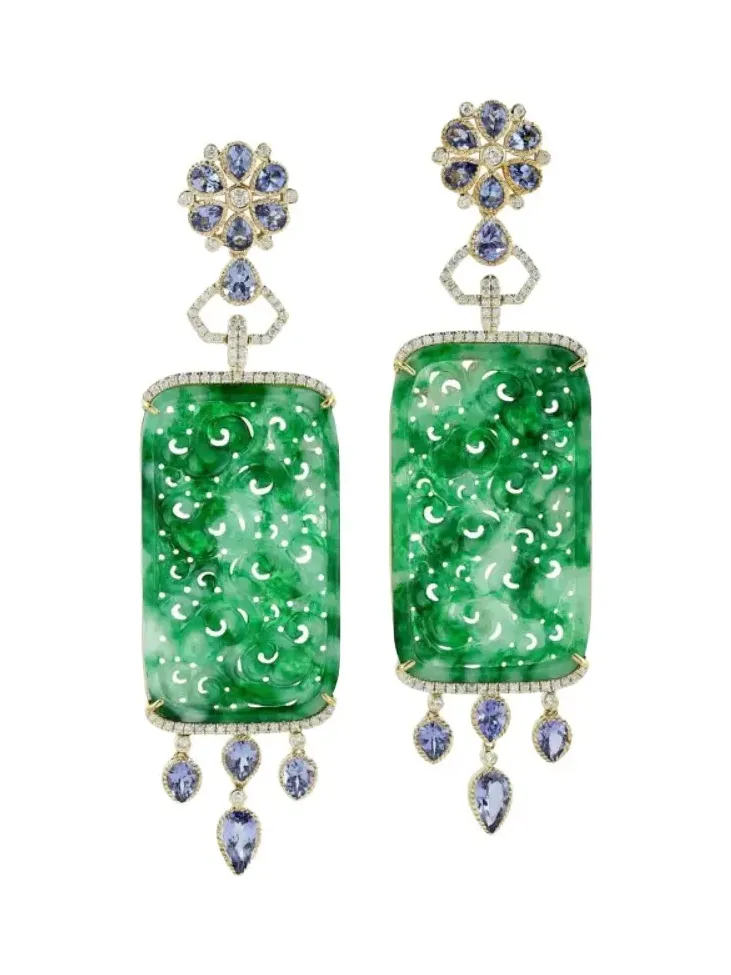 41.26ct Diamonds Jade Tanzanite 18K Gold Drop Earrings