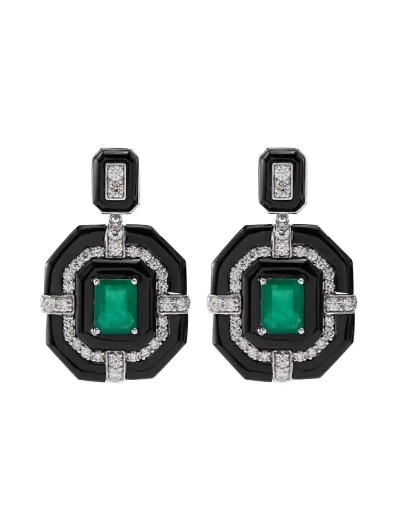 6.24ct Diamond Emerald Onyx 18K Gold Statement Drop Earrings 6.24ct Diamond Emerald Onyx 18K Gold Statement Drop Earrings