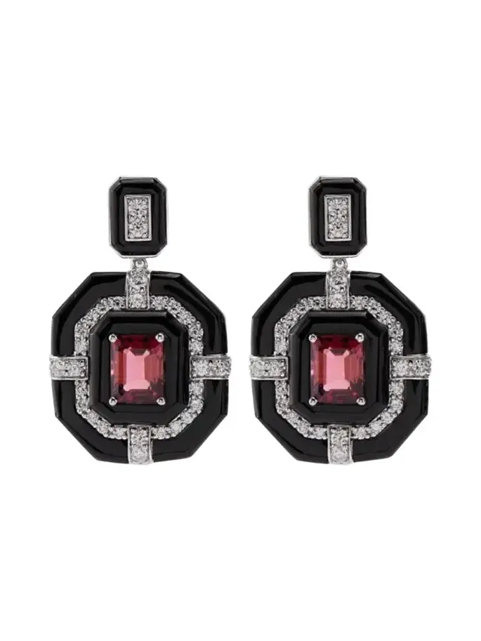 Wish Fine Jewelry 7.331ct Diamond Tourmaline Onyx 18K Gold Statement Drop Earrings