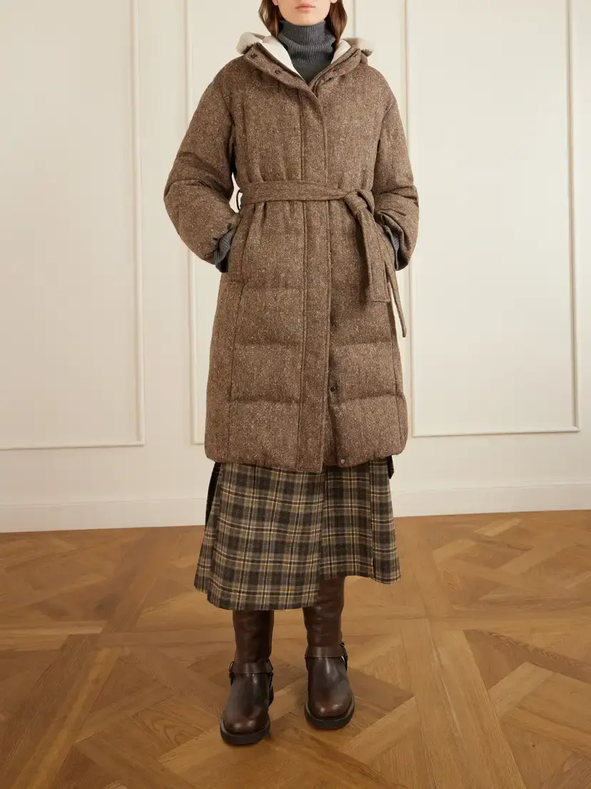 Brunello Cucinelli Hooded Belted Padded Quilted Shearling-trimmed Wool-blend Down Jacket | Thumbnail 2 Brunello Cucinelli Hooded Belted Padded Quilted Shearling-trimmed Wool-blend Down Jacket | Thumbnail 2