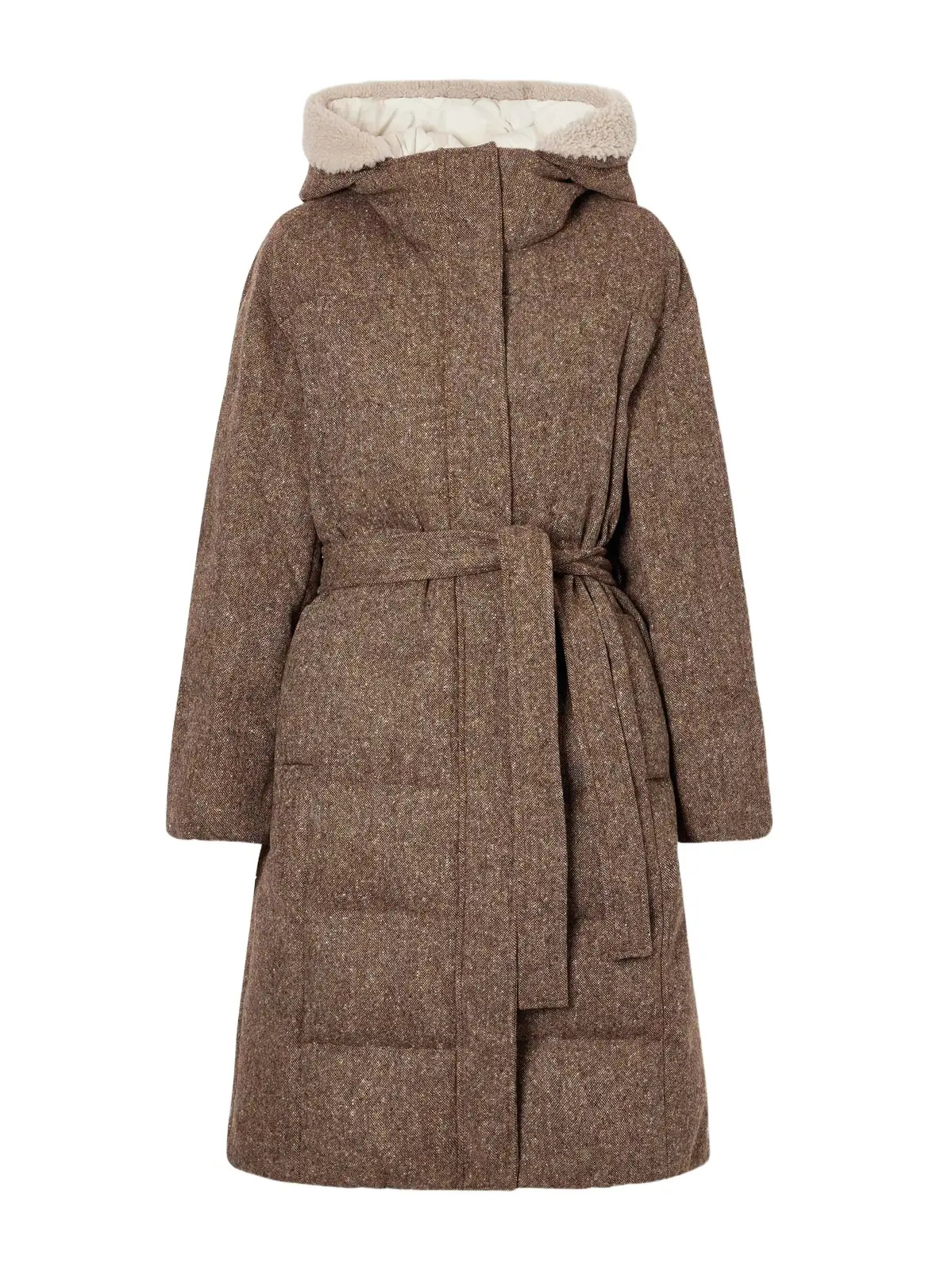 Brunello Cucinelli Hooded Belted Padded Quilted Shearling-trimmed Wool-blend Down Jacket
