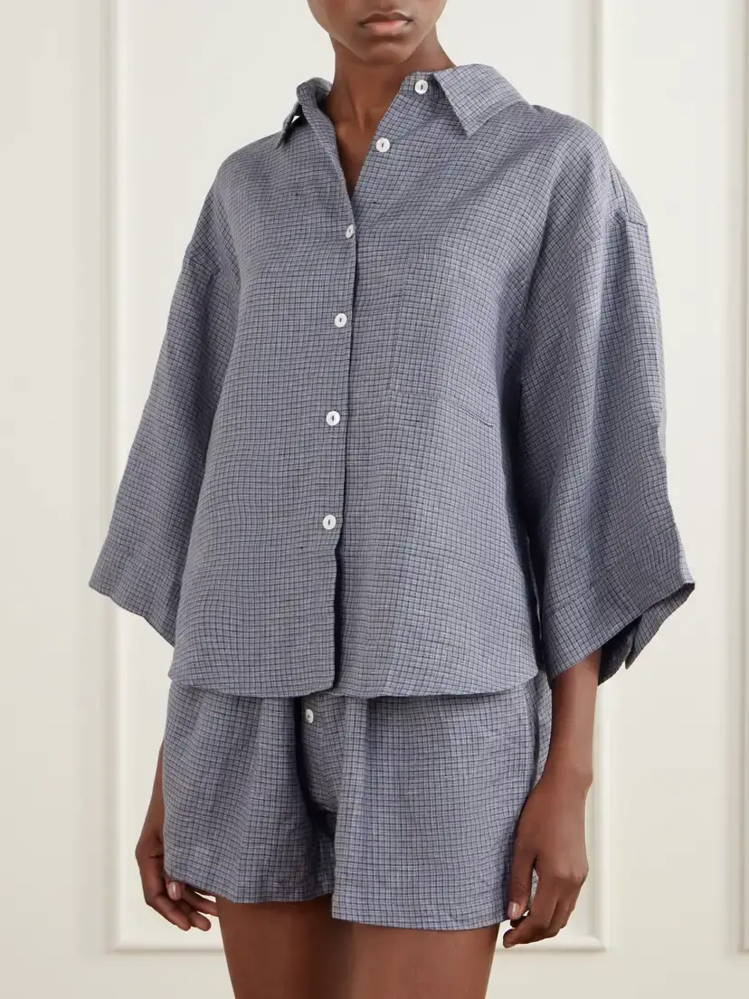 Deiji Studios 03 Checked Linen Shirt And Shorts Set - Blue | Thumbnail 2 Deiji Studios 03 Checked Linen Shirt And Shorts Set - Blue | Thumbnail 2