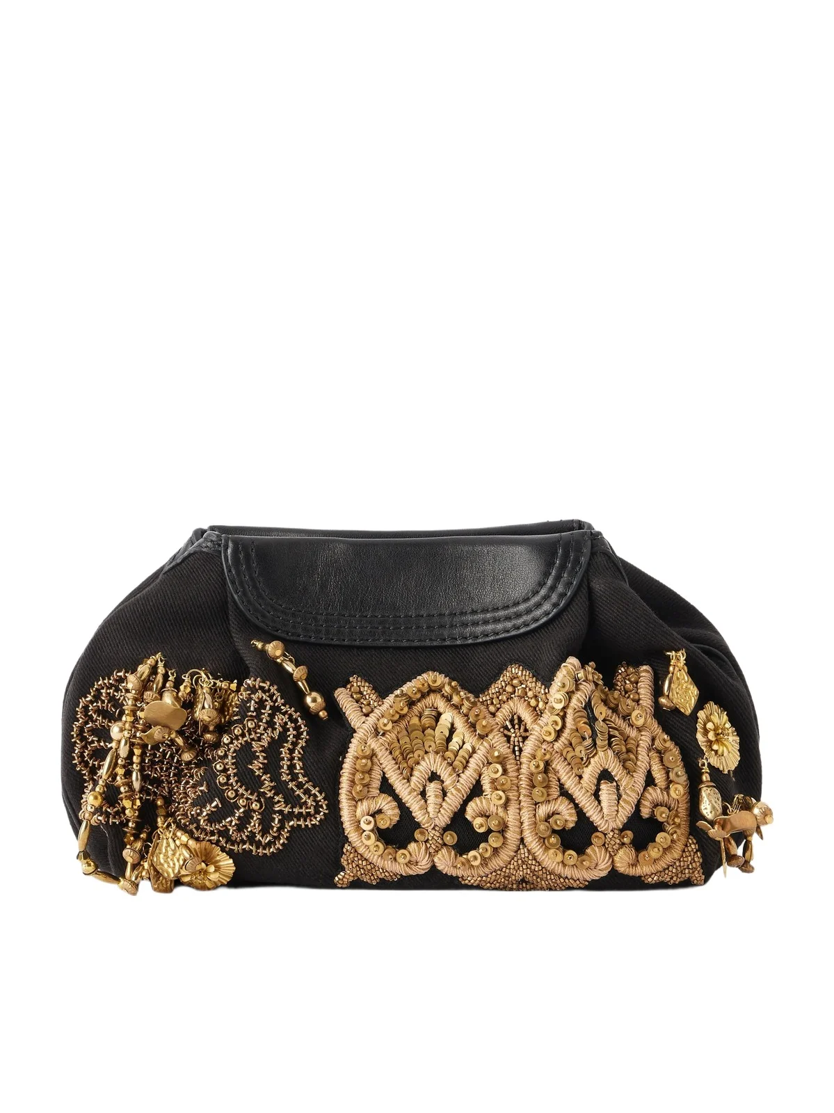Bead-embellished Embroidered Leather-trimmed Cotton-twill Clutch Bead-embellished Embroidered Leather-trimmed Cotton-twill Clutch
